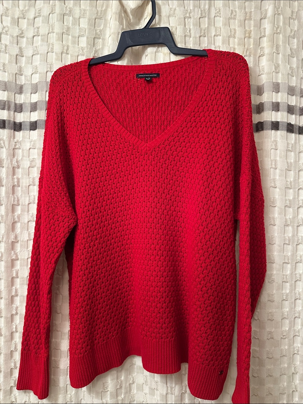 American Eagle Outfitters Red V-Neck Textured Knit Sweater